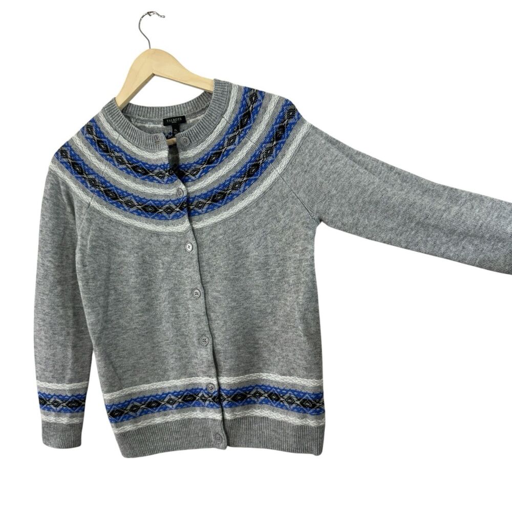 Talbots Petites Medium MP Cardigan Sweater Nylon Lambswool Gray Fair Isle Womens - Picture 8 of 14